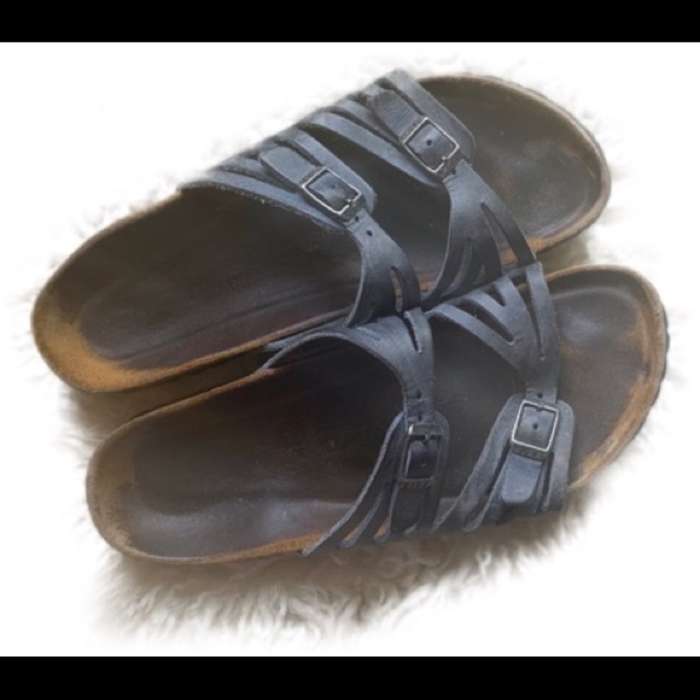 Birkenstock Granada Soft Footbed Sandals 40 Narrow Blue Leather Cork Open Toe